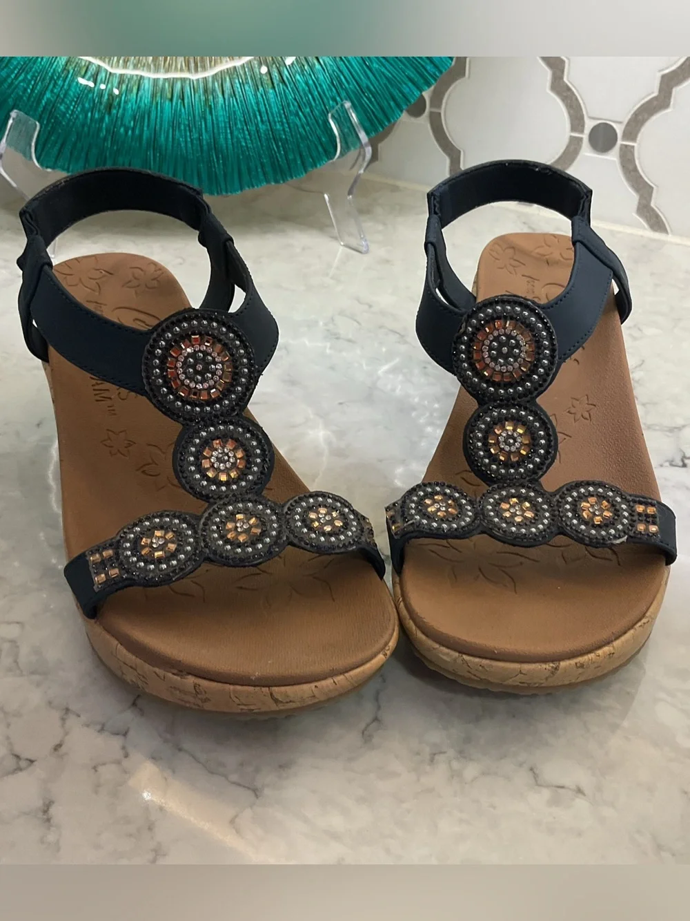Skechers Black Beaded T-Strap Sandals with Tan Footbed